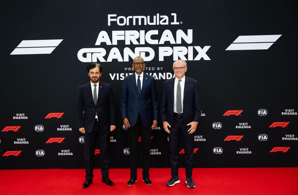 Mohammed Ben Sulayem, FIA President, His Excellency Paul Kagame, President of the Republic of Rwanda and Stefano Domenicali, President and CEO of F1